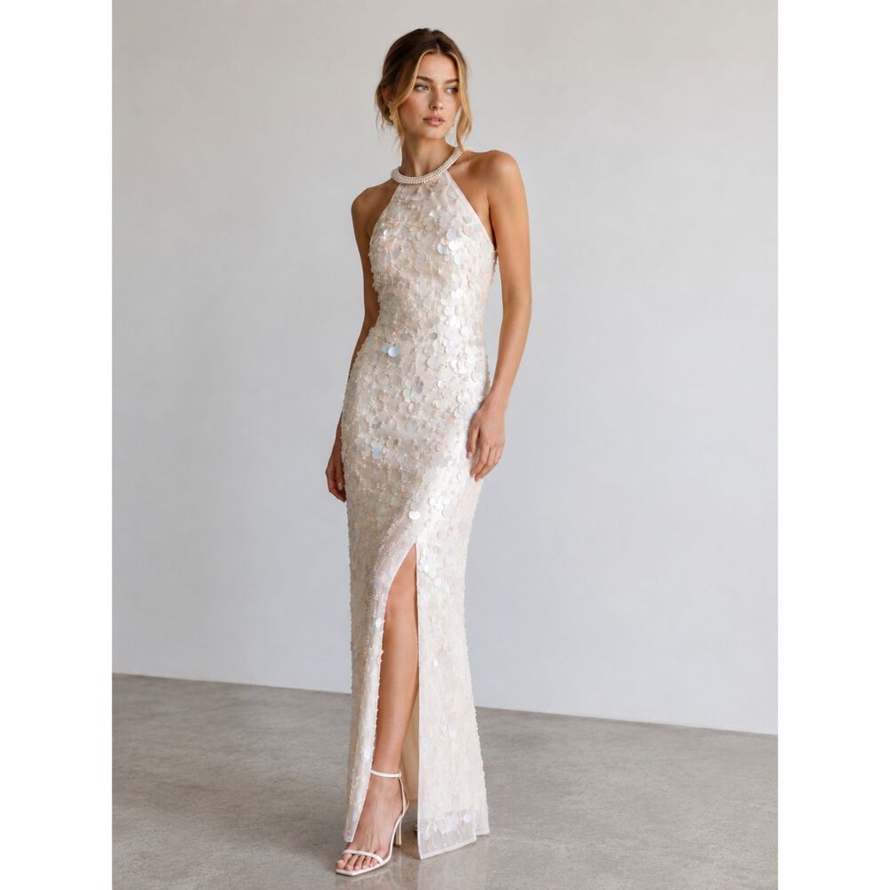 Mac Duggal Porcelain Crystal Embellished Cascade Open Back Gown Size 2